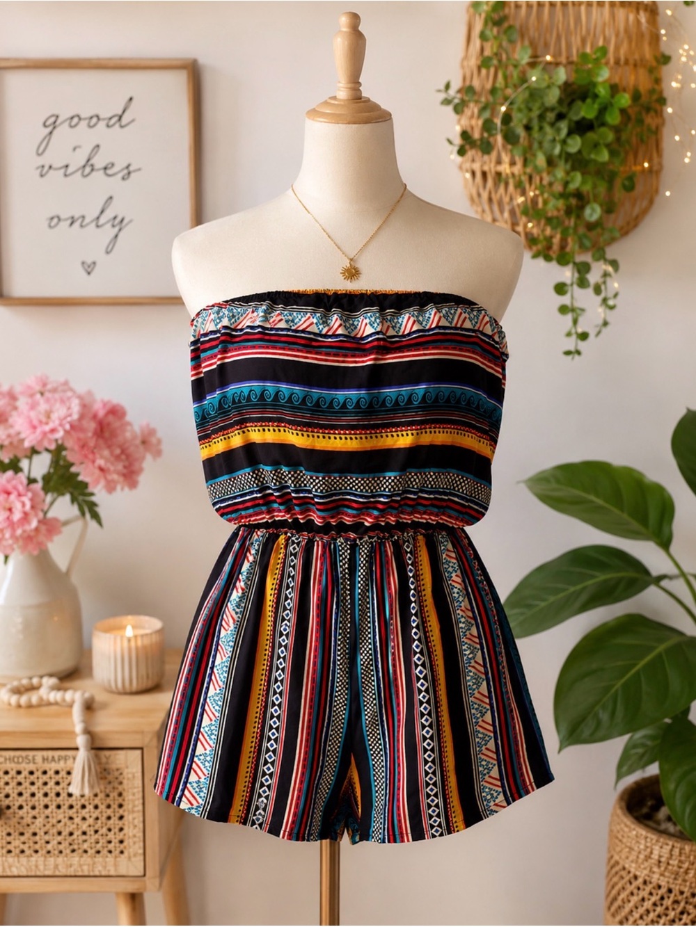 Striped Strapless Romper in Multicolor